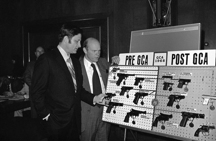 Sen. Birch Bayh, D-Ind., (left) authority of a Senate law subcommittee on youthful delinquency, and David MacDonald, partner secretary of treasury, demeanour over a arrangement of guns before to hearings on gun control in Washington in 1975. Recent mass shootings make reforming gun laws and mental health laws some-more urgent. Photo: Henry Griffin, Associated Press